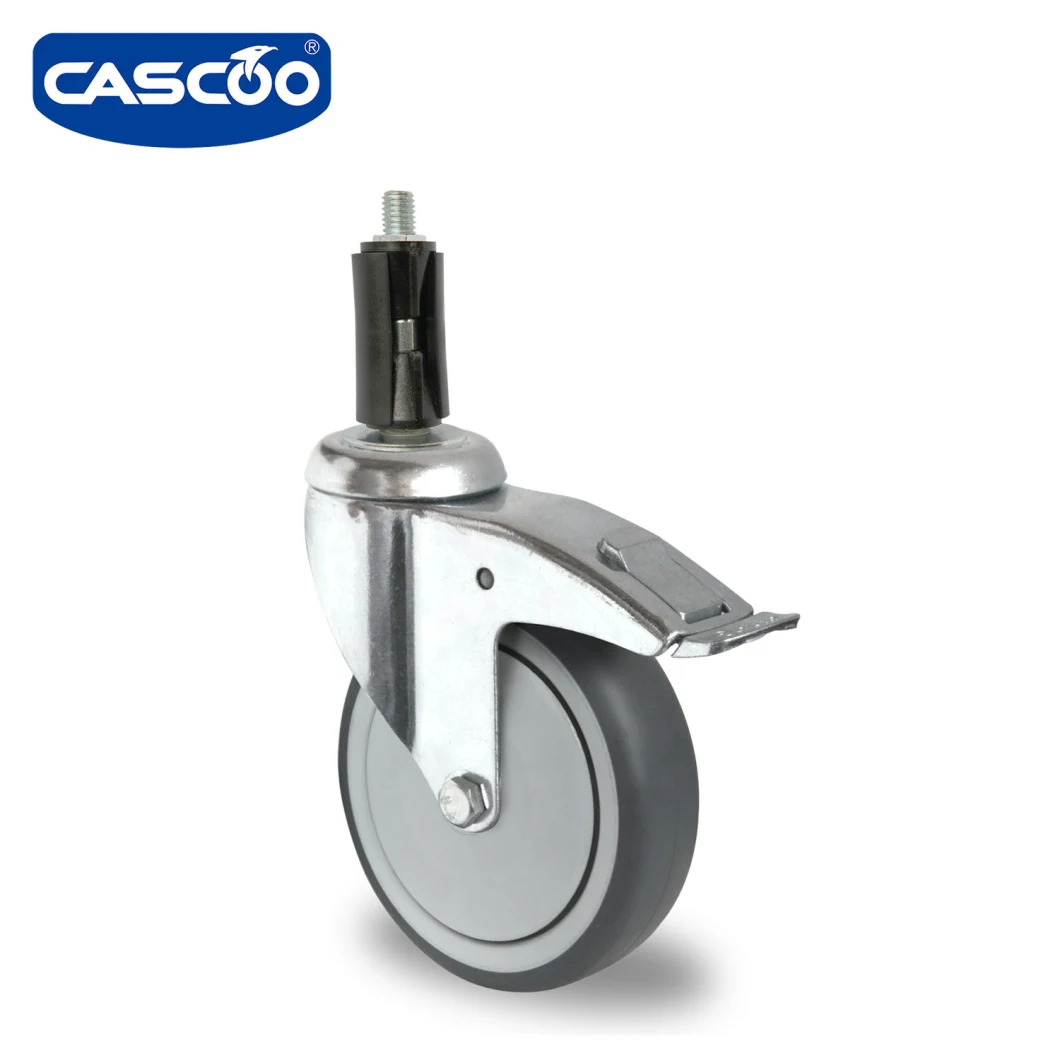 Cascoo 125mm Expander Fitting with Brake Caster TPR with Single Ball Bearing for Furniture or Trolley